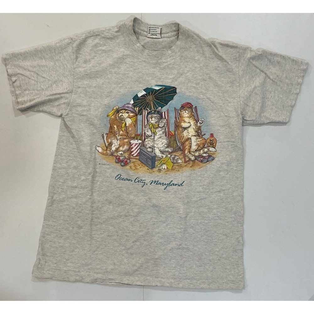 VTG Y2K USA Made Cat Kitten Beach Summer Ocean City Maryland T Shirt L Gray 90s